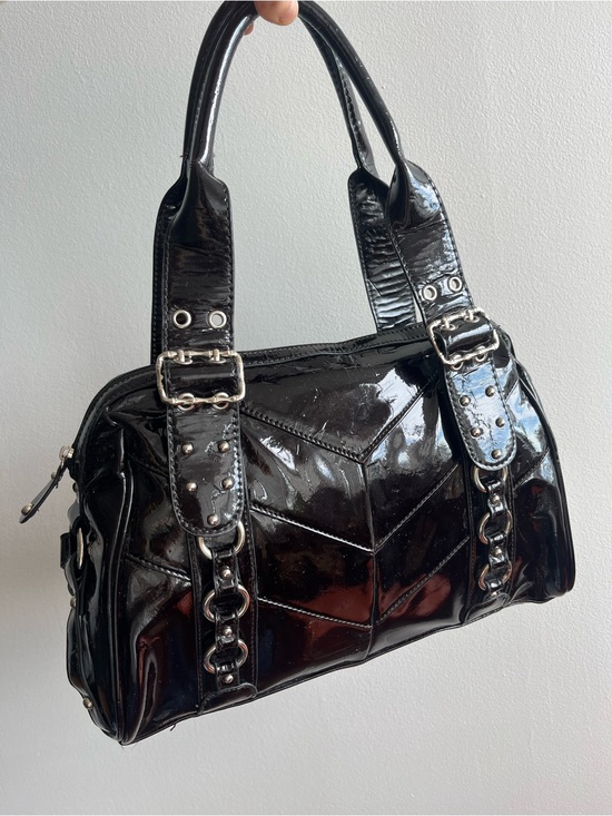 Vintage Handbags - Diverso Italy Y2K Black Patent Leather-Look Shoulder Bag | Studded Buckle Purse